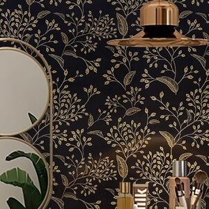 Gold and Black Wallpaper Peel & Stick Black Golden Delicate Leaves 17.3" x 393"